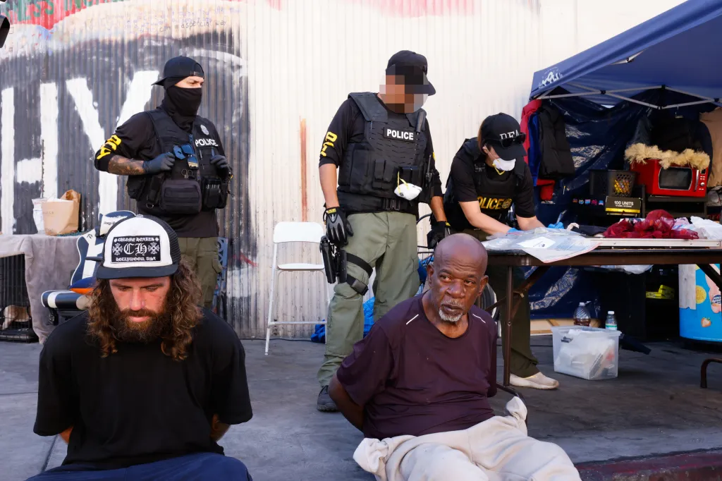 Members of the DEA, LAPD, and other federal agencies conduct an operation in the Skid Row area of Los Angeles.