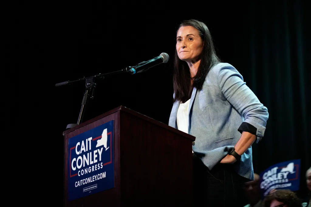 Democratic congressional candidate Cait Conley speaks during a rally in Tarrytown, NY, on Sept. 16, 2026.