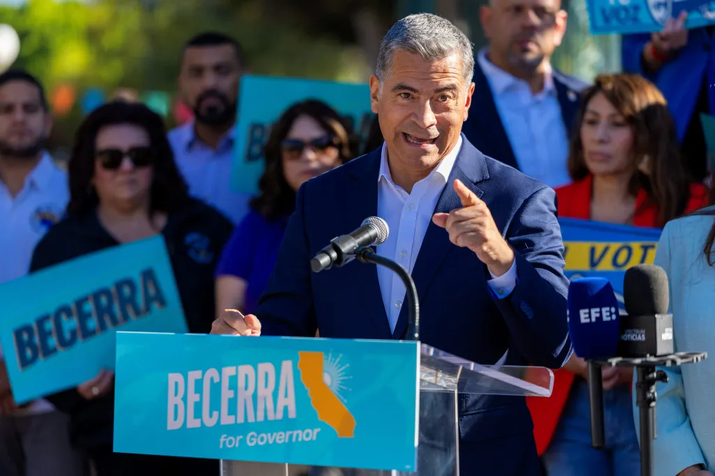 Democratic gubernatorial candidate Xavier Becerra speaks at a campaign stop in Los Angeles, California.