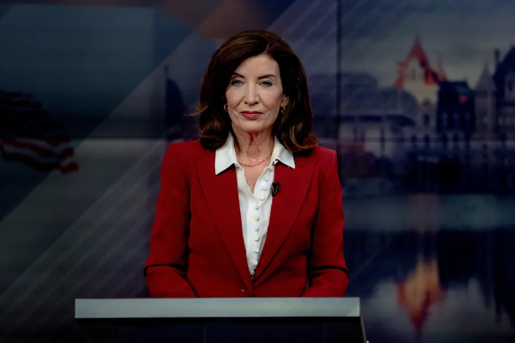 Democratic incumbent Governor Kathy Hochul speaks during the gubernatorial debate.