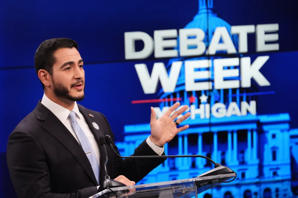Democratic nominee for U.S. Senate Abdul El-Sayed speaks at a televised debate in Grand Rapids, Michigan.