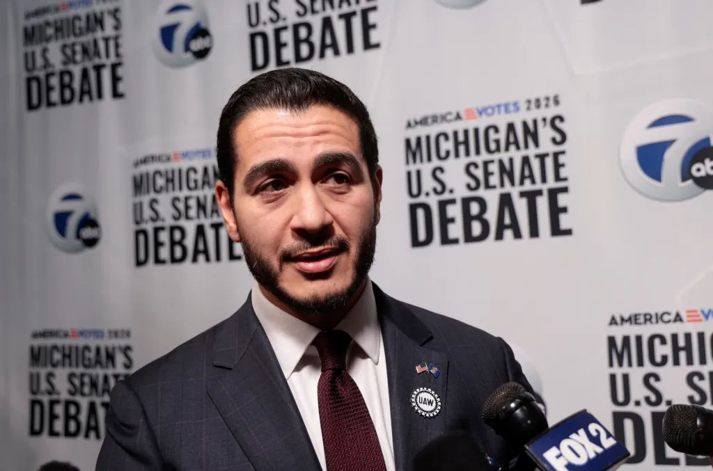 Abdul El-Sayed speaks to the media in the spin room following the US Senate debate against Republican nominee for US Senate Mike Rogers on Oct. 22, 2026, in Southfield, Mich.
