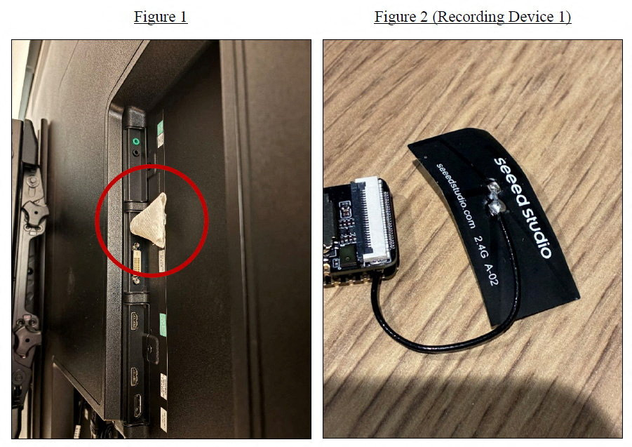 Collage of hidden audio recording device allegedly installed in an OpenAI executive conference room.
