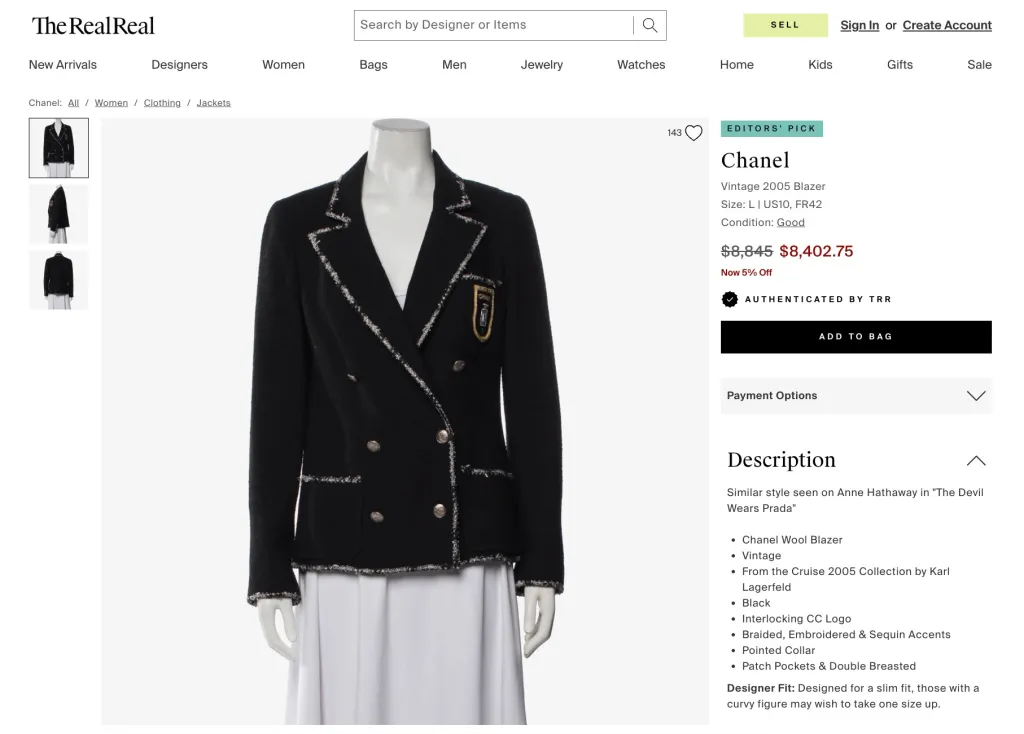 A screenshot of a product page on The RealReal for a vintage Chanel wool blazer from the 2005 collection, priced at $8,402.75, with a description noting its similarity to a style worn by Anne Hathaway in 