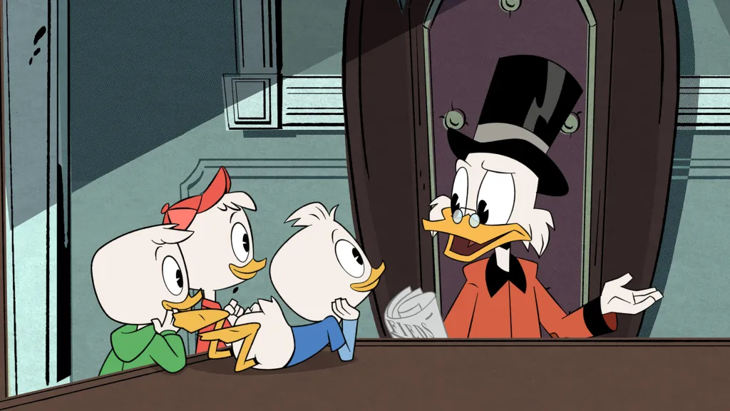 Illustration of Scrooge McDuck talking to Huey, Dewey, and Louie in DuckTales.