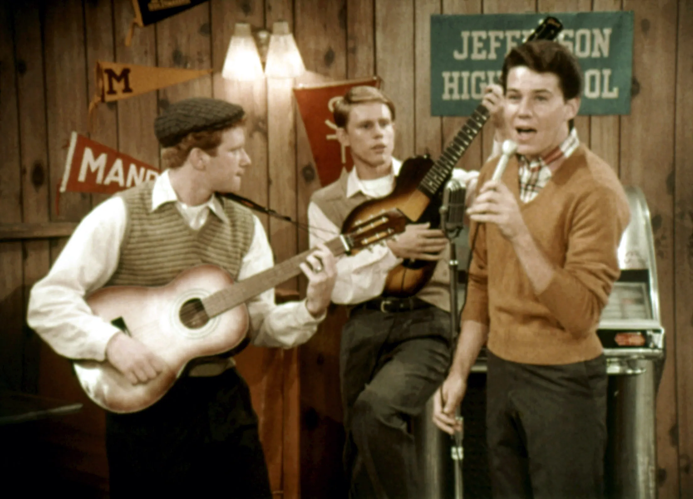 Anson Williams, as Potsie Weber, sings during an episode of
