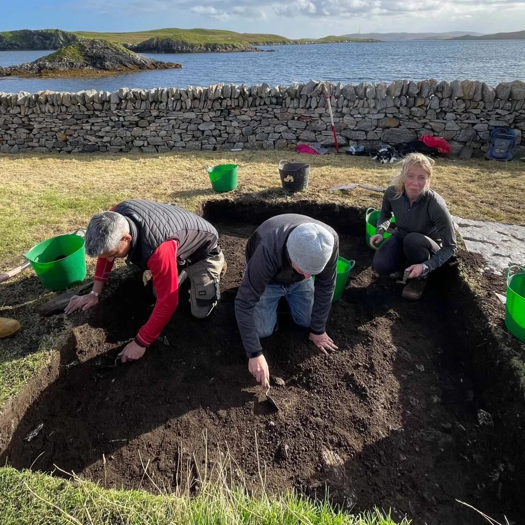 Dr Elinor Graham and experts work at an archaeological site where a 1,000-year-old Anglo-Saxon gold coin was discovered at Nesting, east Shetland.