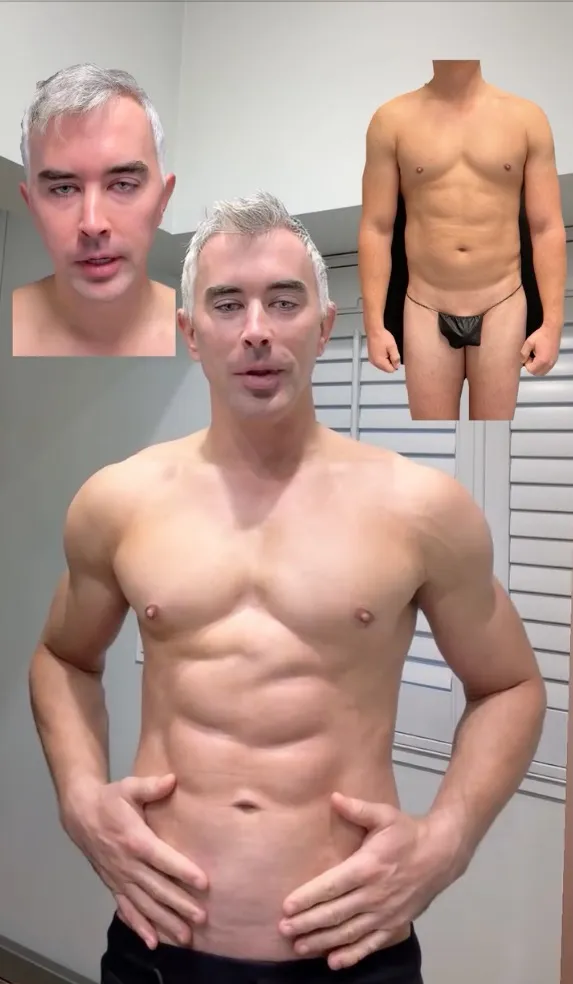 Collage of Gregg Starr showing his face and sculpted body before and after plastic surgery.