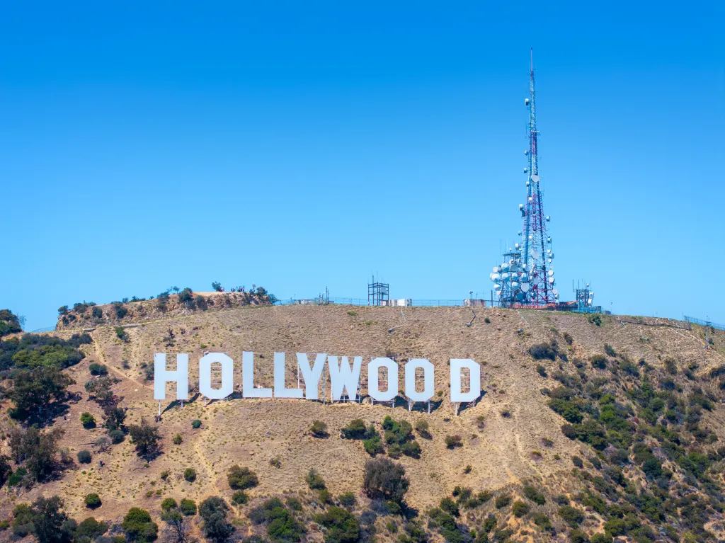 Aerial view of the Hollywood Sign in Los Angeles, California.