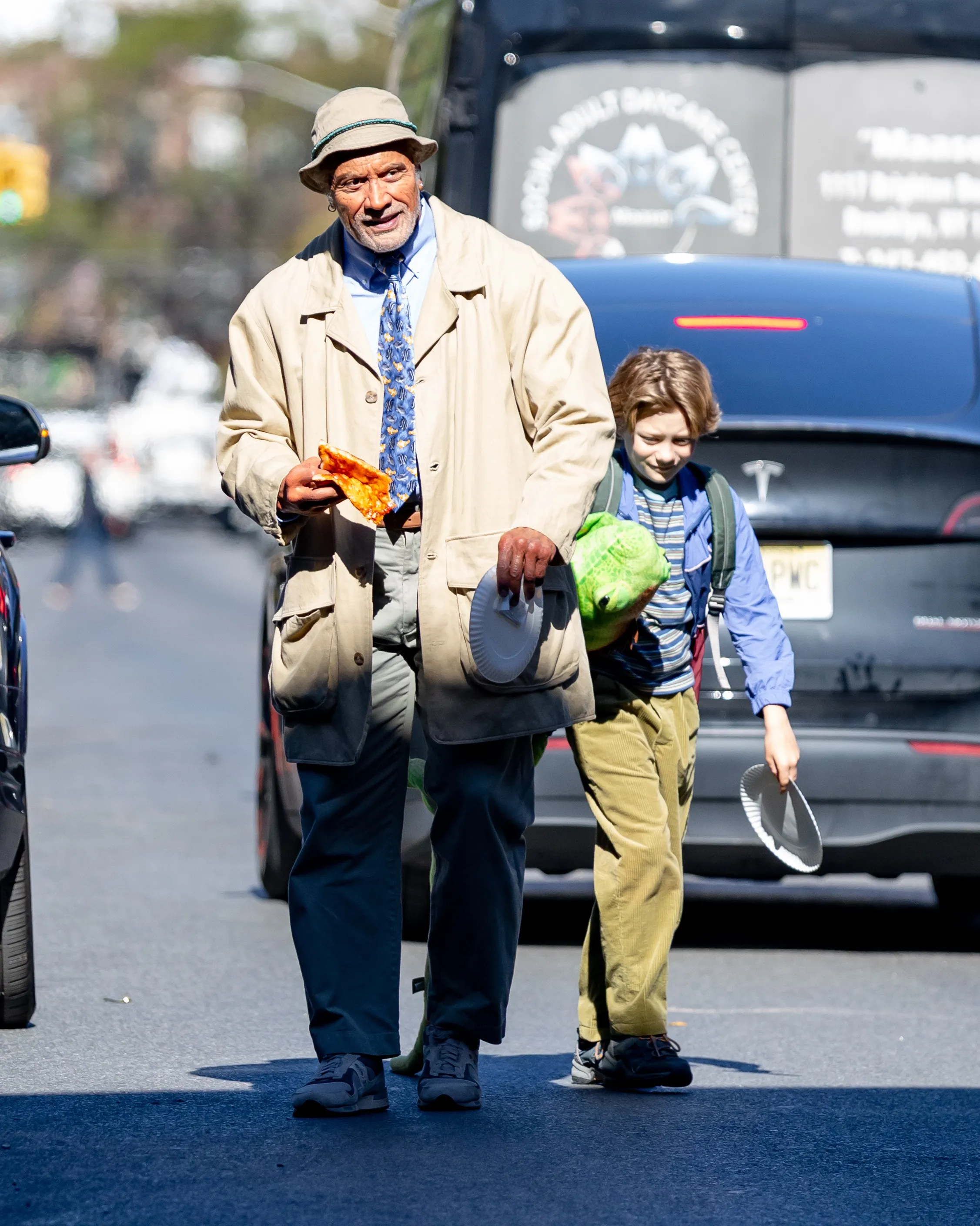 Dwayne Johnson and co-star Theo Clark Leber on the set of 