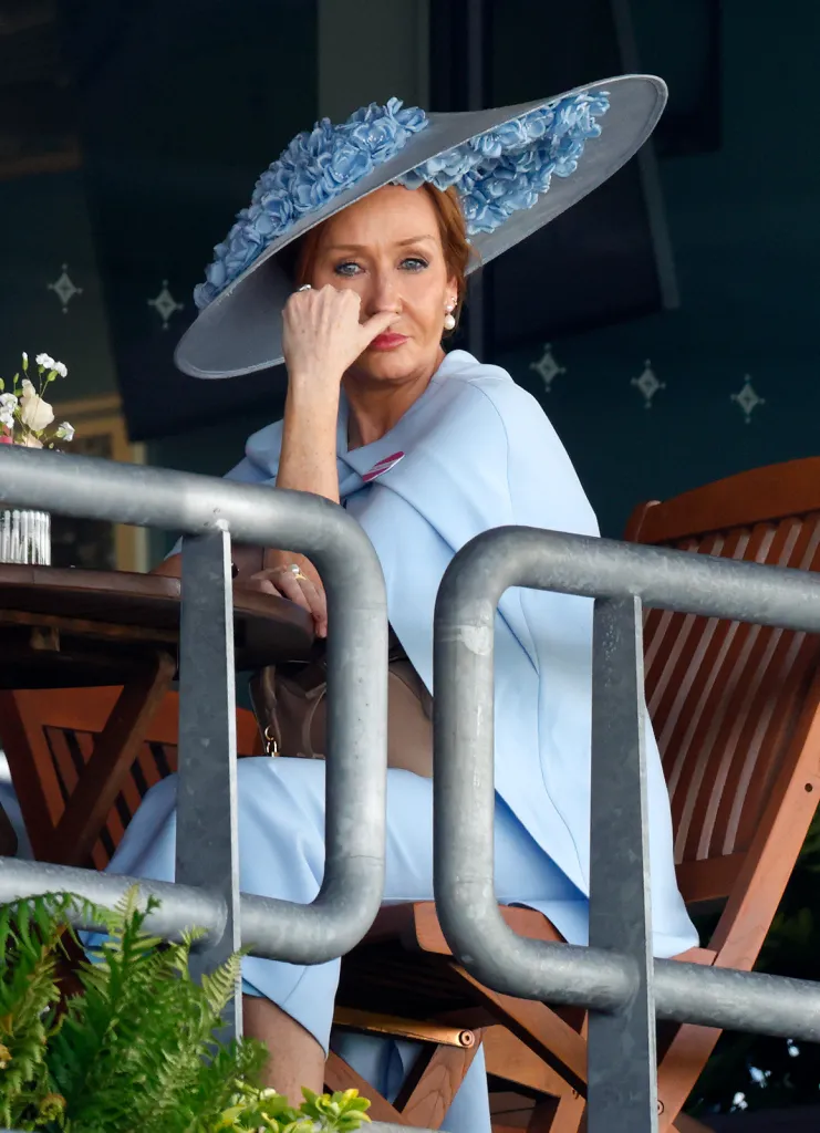 J.K. Rowling attends Royal Ascot in a light blue outfit and matching hat.