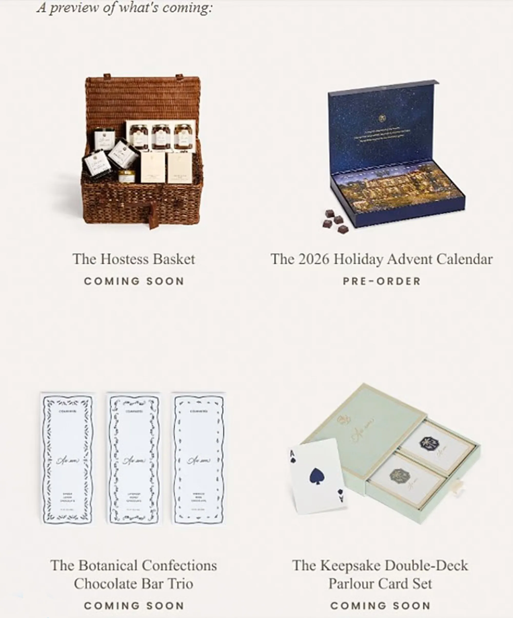 Collage of As Ever holiday collection products: The Hostess Basket, Holiday Advent Calendar, Botanical Confections Chocolate Bar Trio, and Keepsake Double-Deck Parlour Card Set.