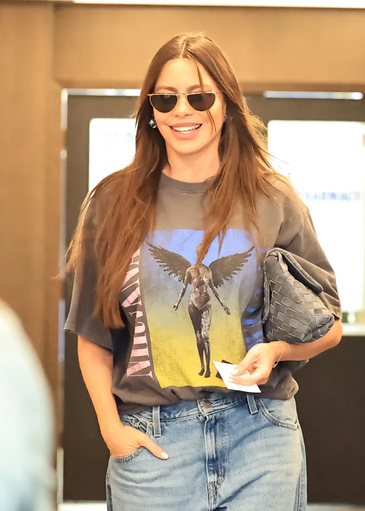 Sofia Vergara leaving Diamond Skin Spa, smiling and wearing sunglasses.