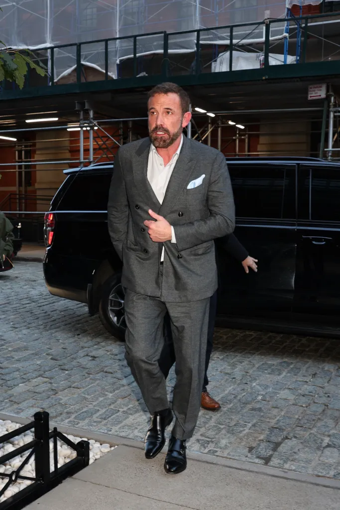 Ben Affleck in a gray suit after appearing on Late Night with Seth Meyers in New York City.