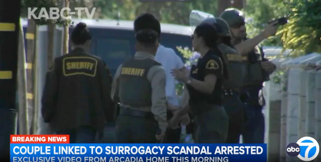 Law enforcement officers outside an Arcadia home during the arrest of a couple linked to a surrogacy scandal.