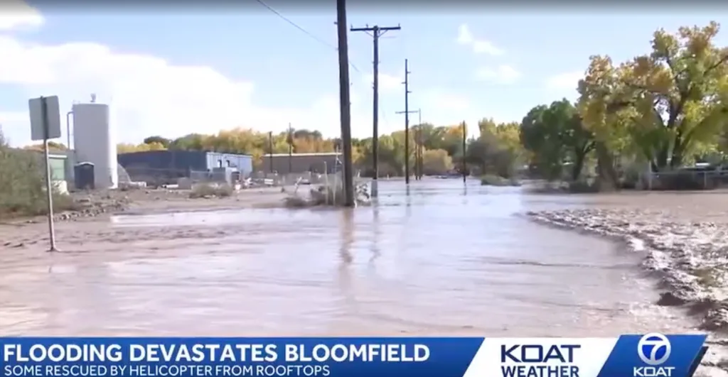 A flooded street in Bloomfield, New Mexico.