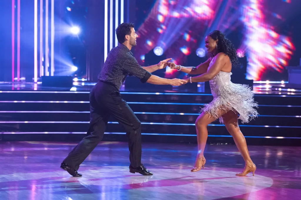 Tatyana Ali dances with her professional partner Jan Ravnik on Dancing with the Stars.