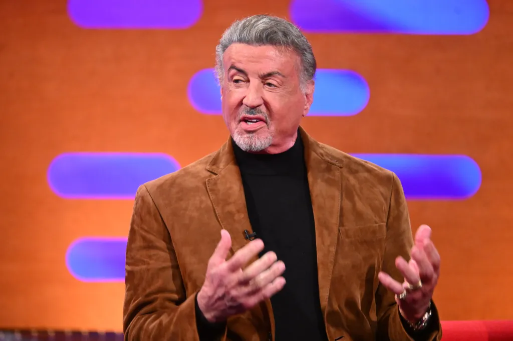 Sylvester Stallone participating in filming for the Graham Norton Show in London.