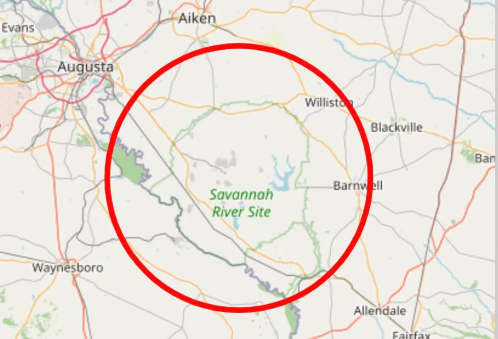 Map showing the location of the Savannah River Site, circled in red.