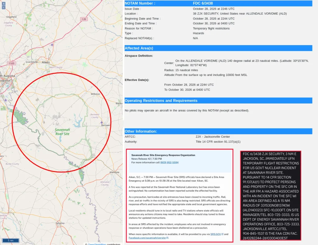 A map showing a temporary flight restriction zone around the Savannah River Site, alongside related NOTAM details and an emergency press release regarding a fire at the facility.