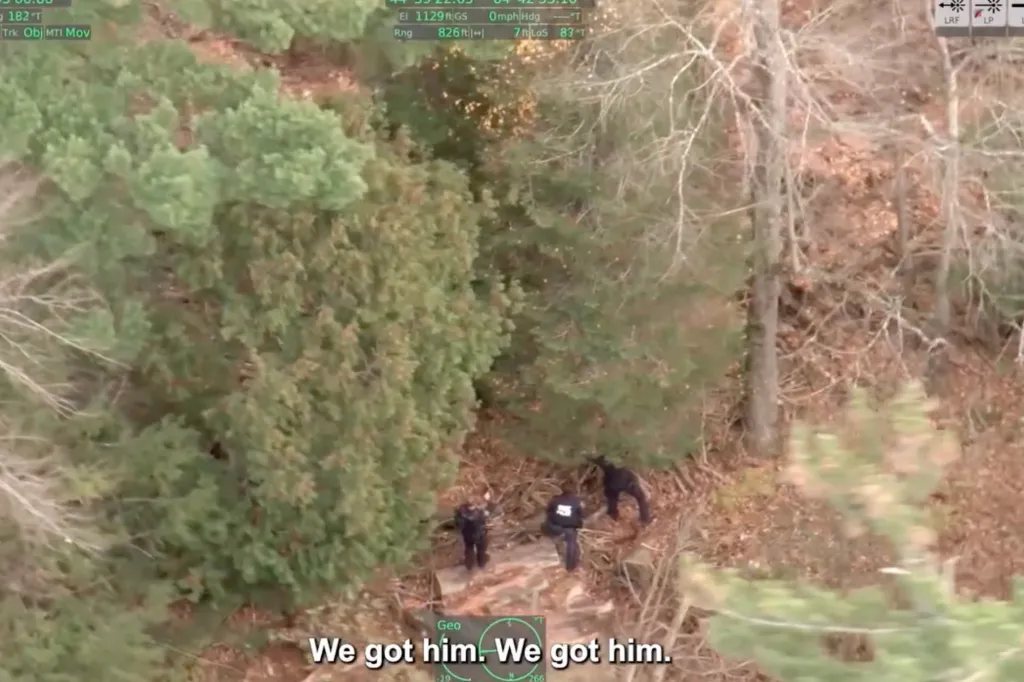 An aerial view shows police officers closing in on a suspect hiding in a wooded area beneath logs and debris.