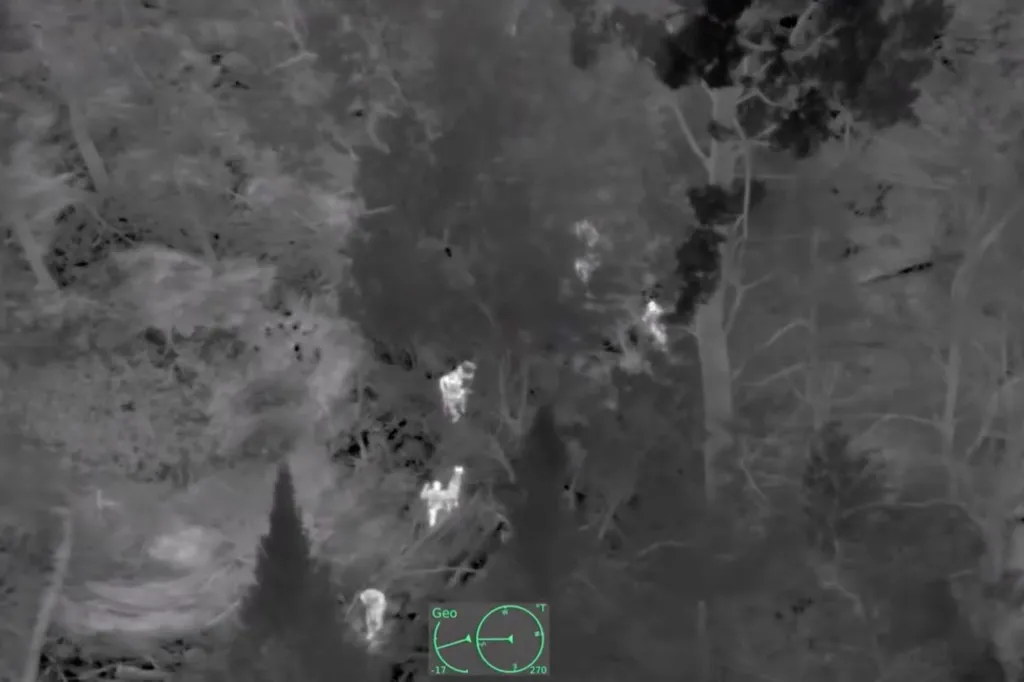 FLIR camera aerial view of a suspect hiding under logs and debris in the woods.