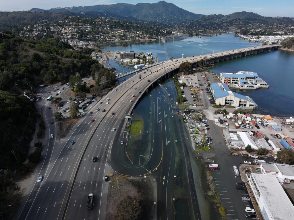 Aerial view of floodwaters submerging roads in Mill Valley, California.