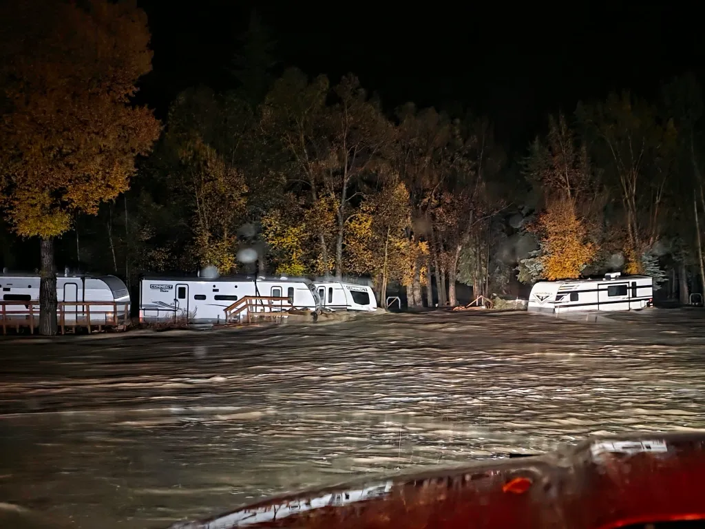 Floodwaters surrounding trailers at a campground in South Fork, Colorado.