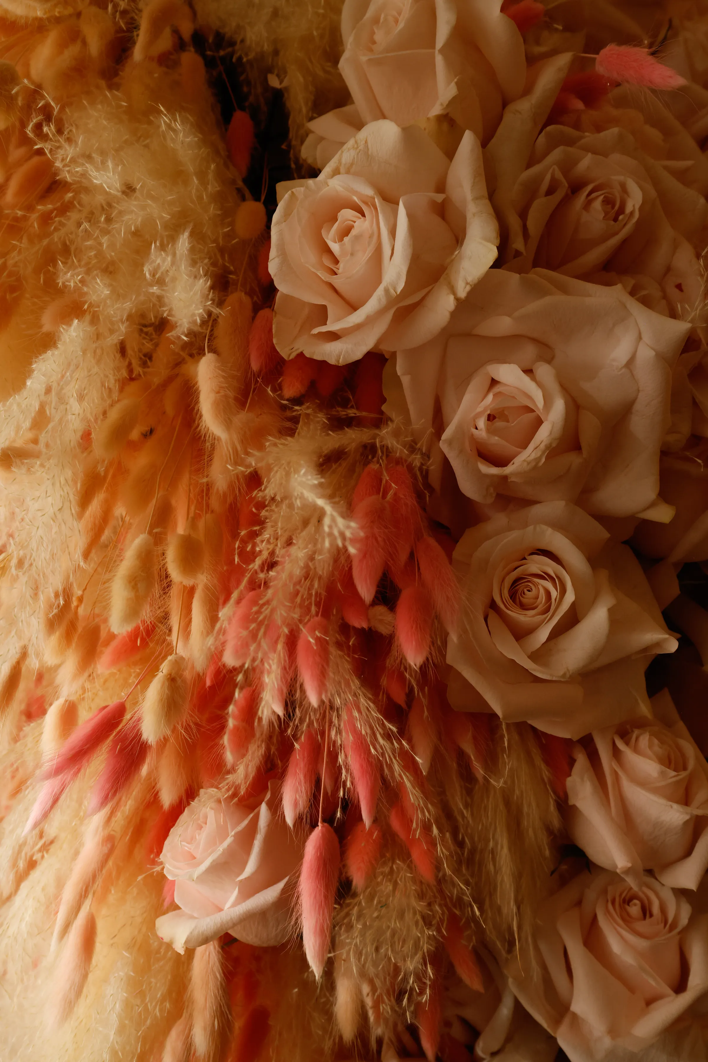 Close-up of light pink roses arranged with dried pampas grass and pink bunny tails.