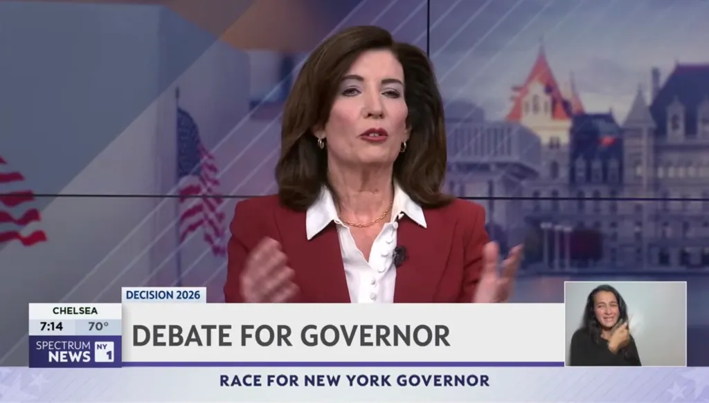 New York Governor Kathy Hochul speaks during the gubernatorial debate on Spectrum News 1.