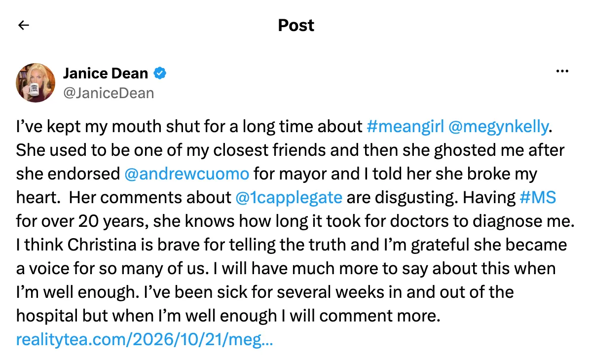 Screenshot of a social media post by Janice Dean calling Megyn Kelly a mean girl and discussing their fallen friendship.