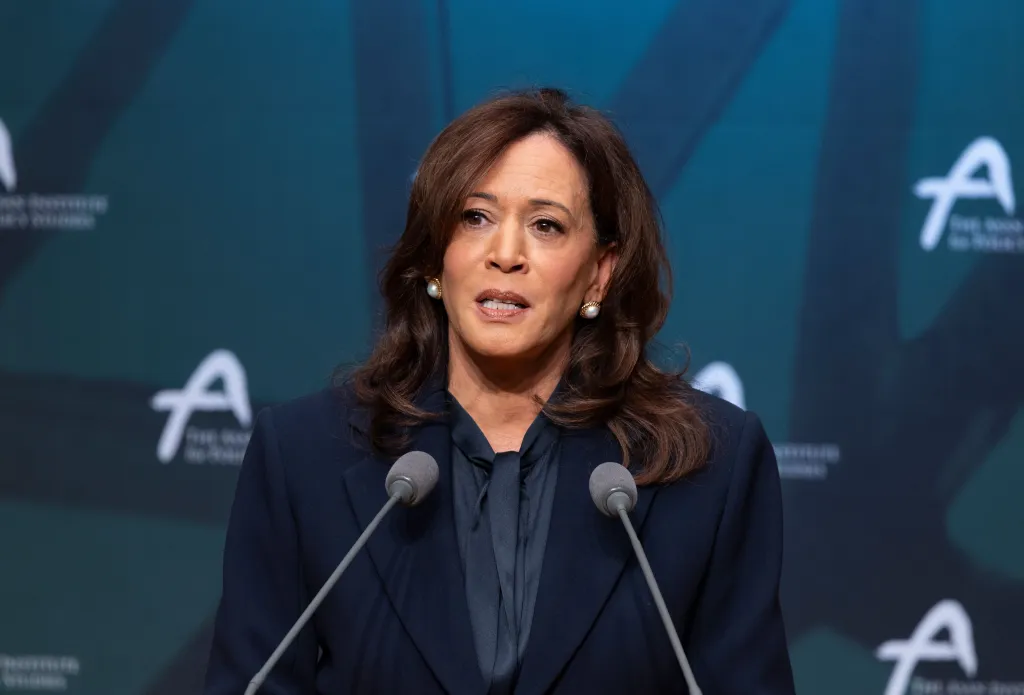 Former U.S. Vice President Kamala D. Harris speaks at the Asan Institute for Policy Studies in Seoul, South Korea.