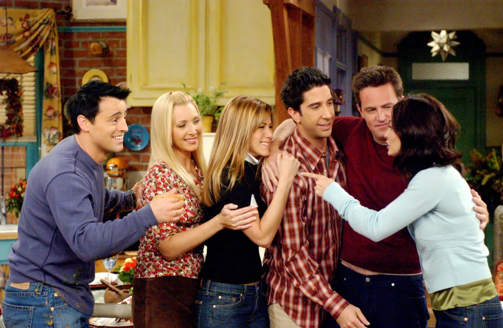 Cast members Matt LeBlanc, Lisa Kudrow, Jennifer Aniston, David Schwimmer, Matthew Perry, and Courteney Cox in a scene from the television show Friends.