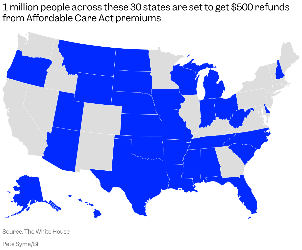 A map of the US states with 30 highlighted to represent those where people are set to get $500 refunds from the White House in relation to the costs of the Affordable Care Act. The 30 states are: Alabama, Alaska, Arizona, Arkansas, Delaware, Florida, Hawaii, Indiana, Iowa, Kansas, Louisiana, Michigan, Mississippi, Missouri, Montana, Nebraska, New Hampshire, North Carolina, North Dakota, Ohio, Oklahoma, Oregon, South Carolina, South Dakota, Tennessee, Texas, Utah, West Virginia, Wisconsin, and Wyoming.