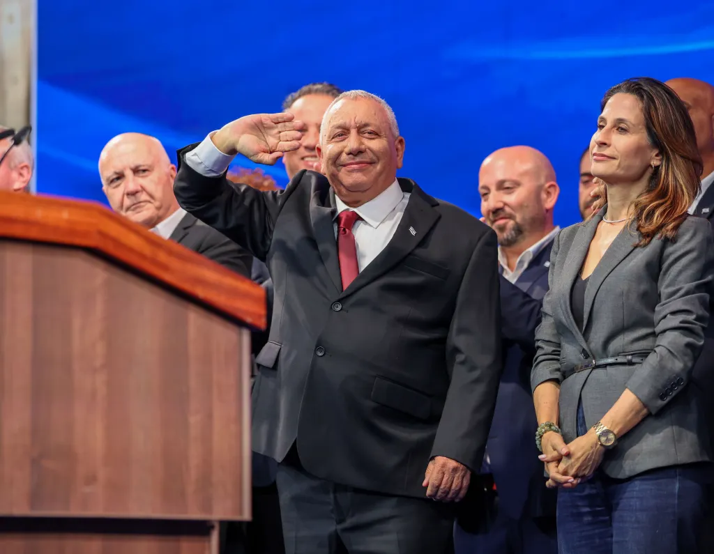Gadi Eisenkot, leader of the Yashar Party, salutes the audience during a speech at party headquarters in Tel Aviv.