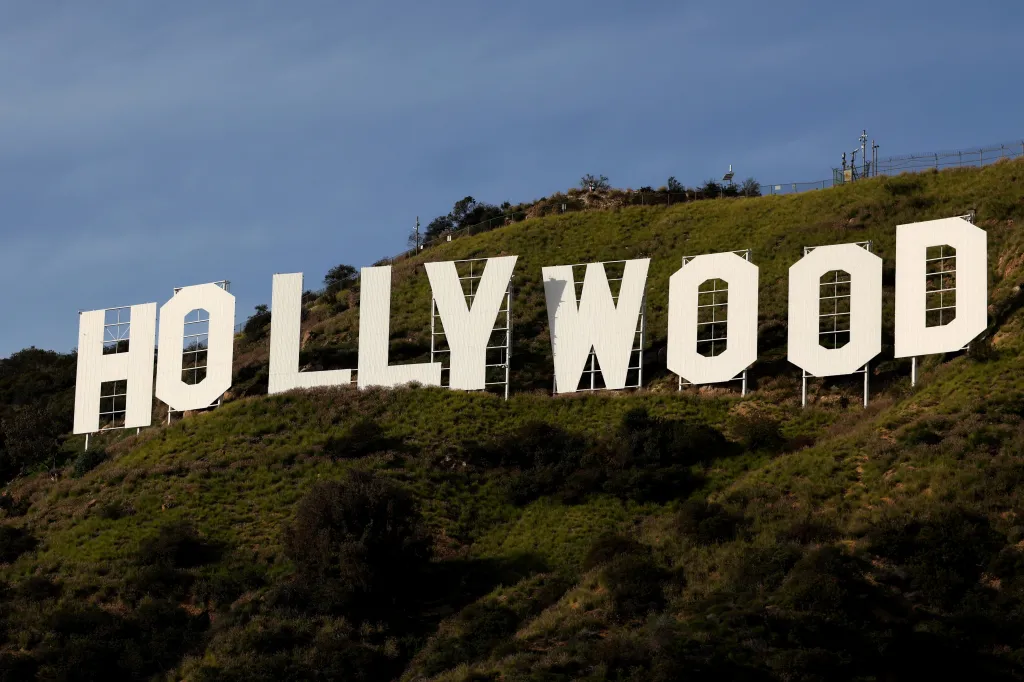 General view of the Hollywood sign on a hillside in Los Angeles.