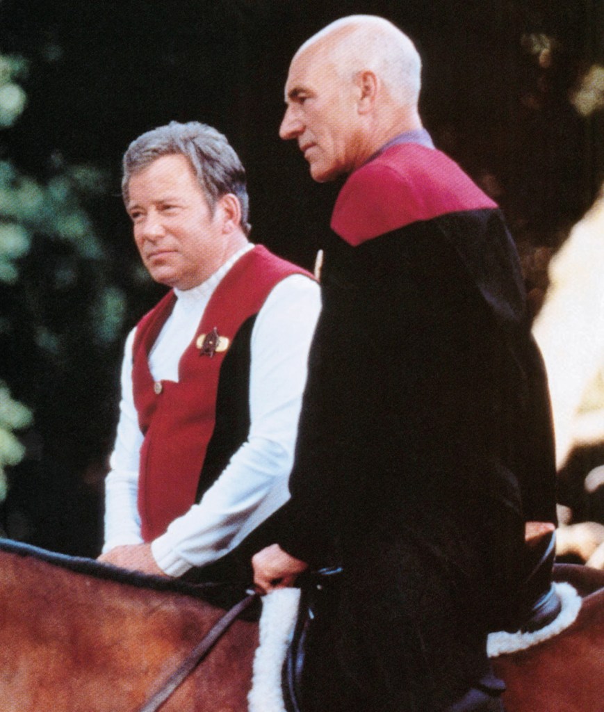 William Shatner and Patrick Stewart on horseback in Star Trek: Generations.