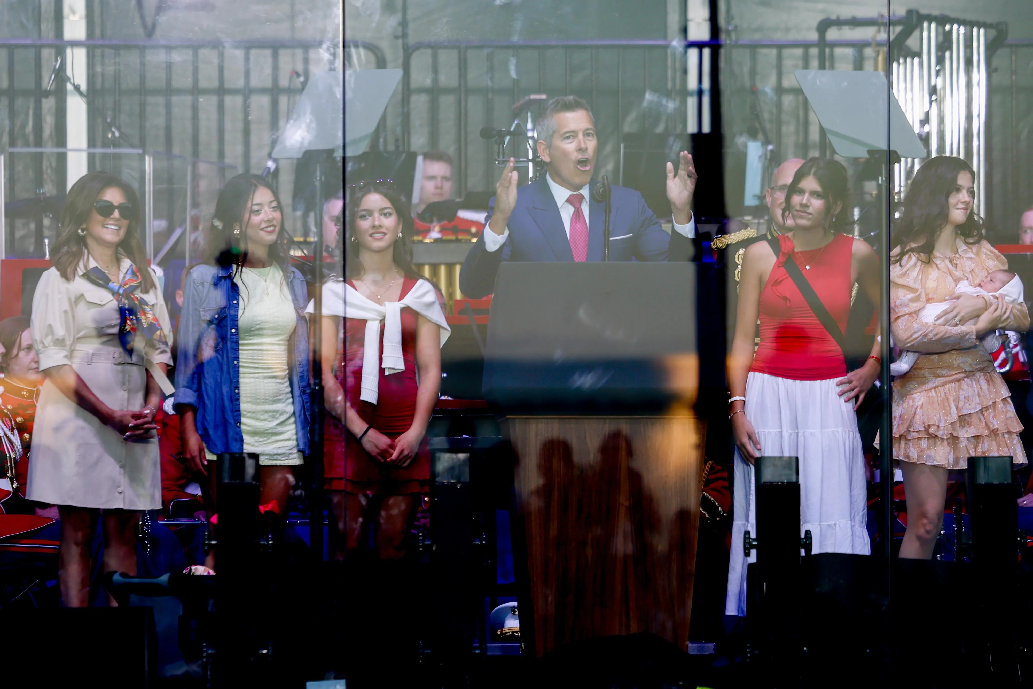 Sean Duffy, US secretary of transportation, joined by his family, speaks during a kickoff celebration for the Great American State Fair on the National Mall in Washington, DC, US, on Wednesday, June 24, 2026. The Great American State Fair, held to celebrate America's 250th anniversary, will be held on the National Mall from June 24th through July 10th. Photographer: Tierney L. Cross/Bloomberg via Getty Images