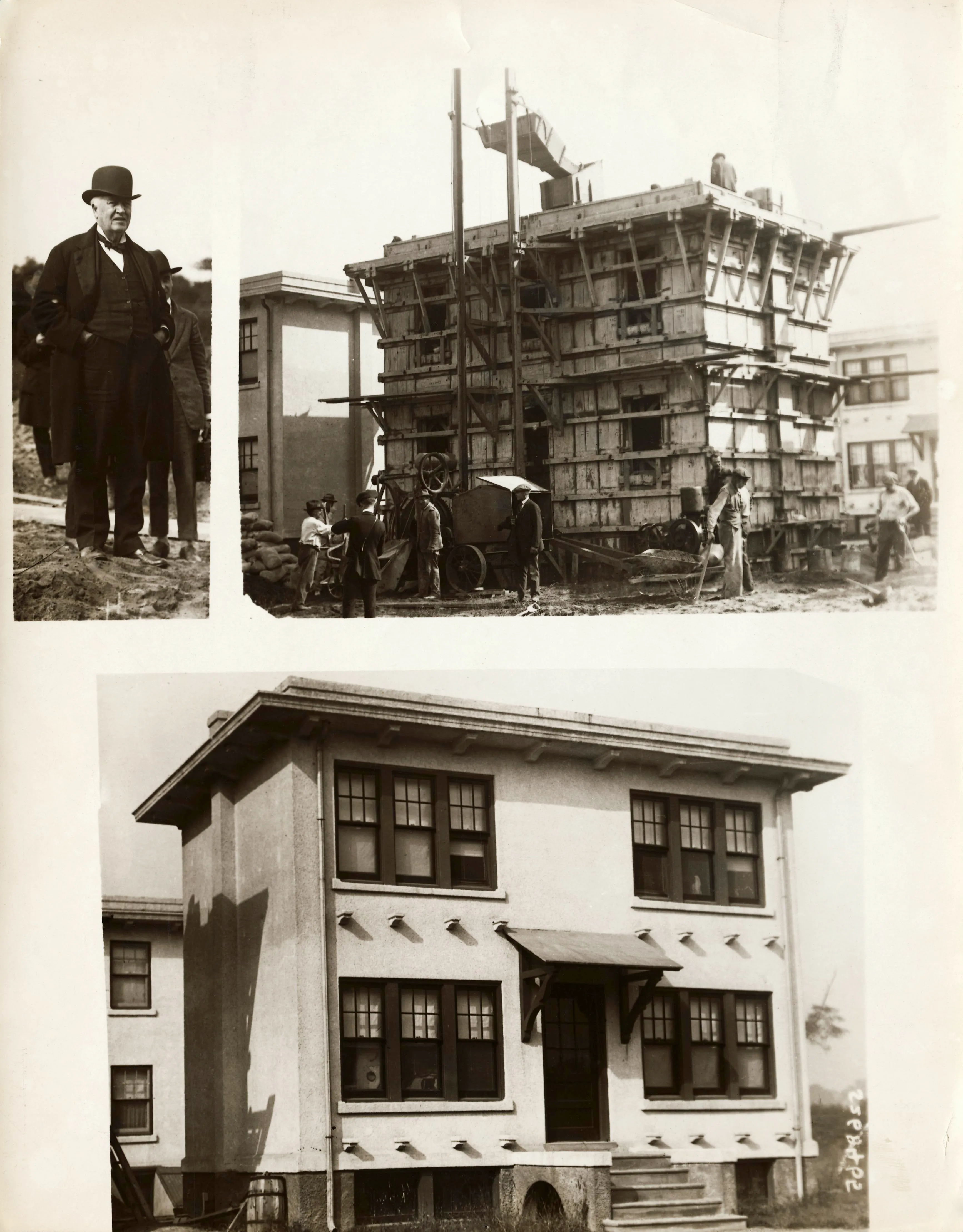 Thomas Alva Edison (top left) and the construction (top right) and finished view of his concrete home. (Photo by George Rinhart/Corbis via Getty Images)
