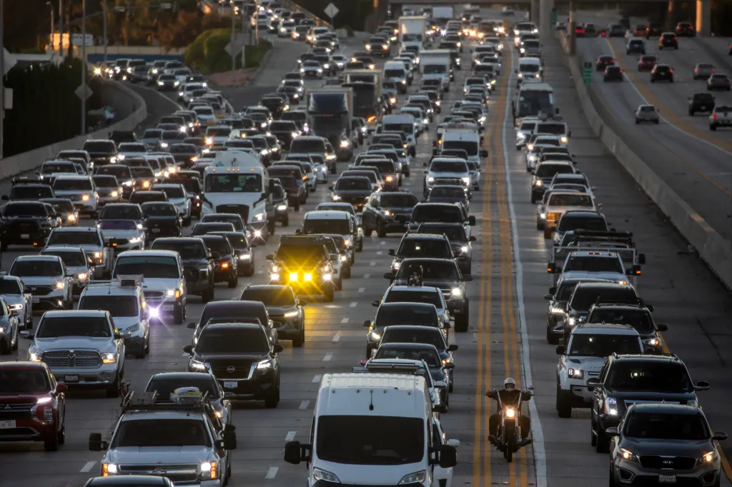 Heavy traffic moving along the 405 Freeway in Los Angeles.