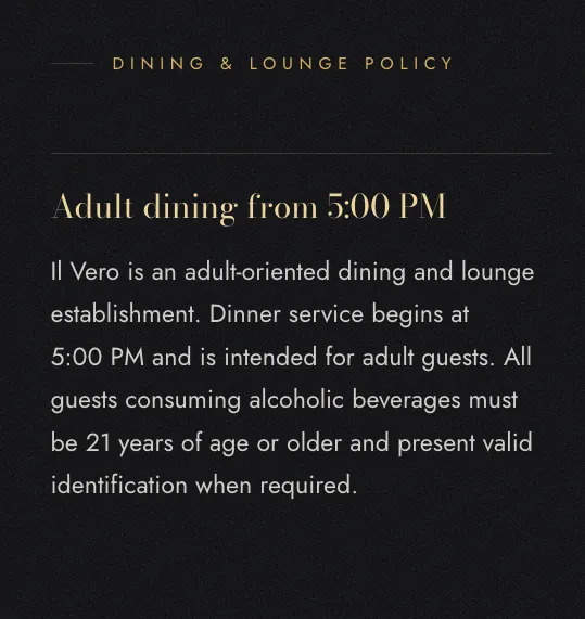 Screenshot of Il Vero restaurant's dining and lounge policy stating adult dining from 5:00 PM.
