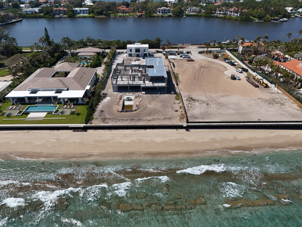 An aerial view of construction activity at 1140 S. Ocean Blvd. in Manalapan, Florida.