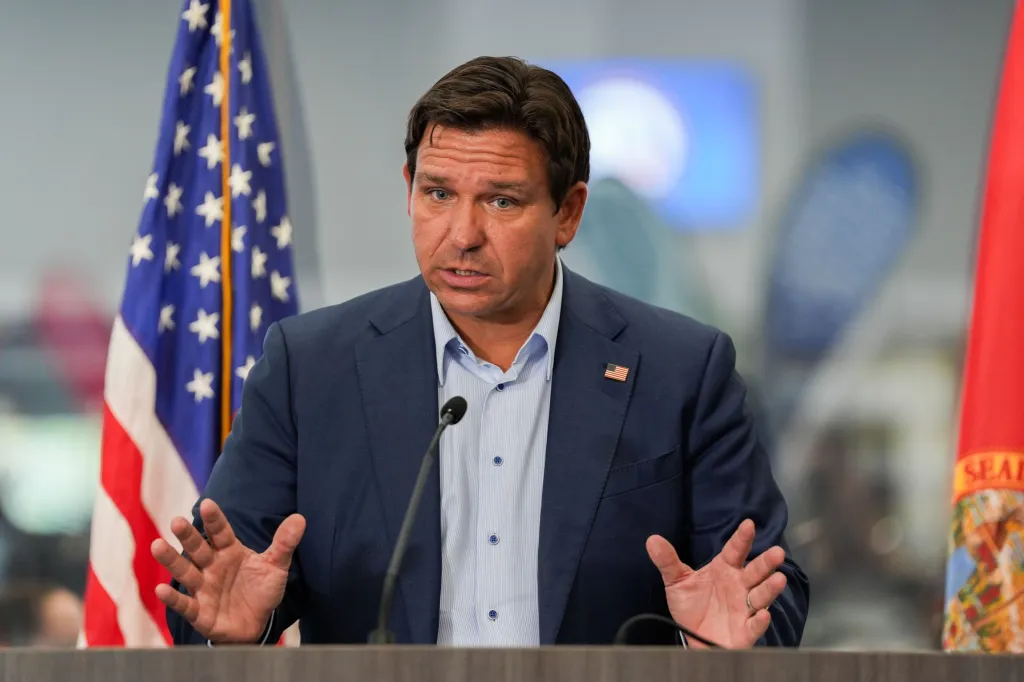 Governor of Florida Ron DeSantis holds a press conference at the State Emergency Operations Center in Tallahassee, Fla.