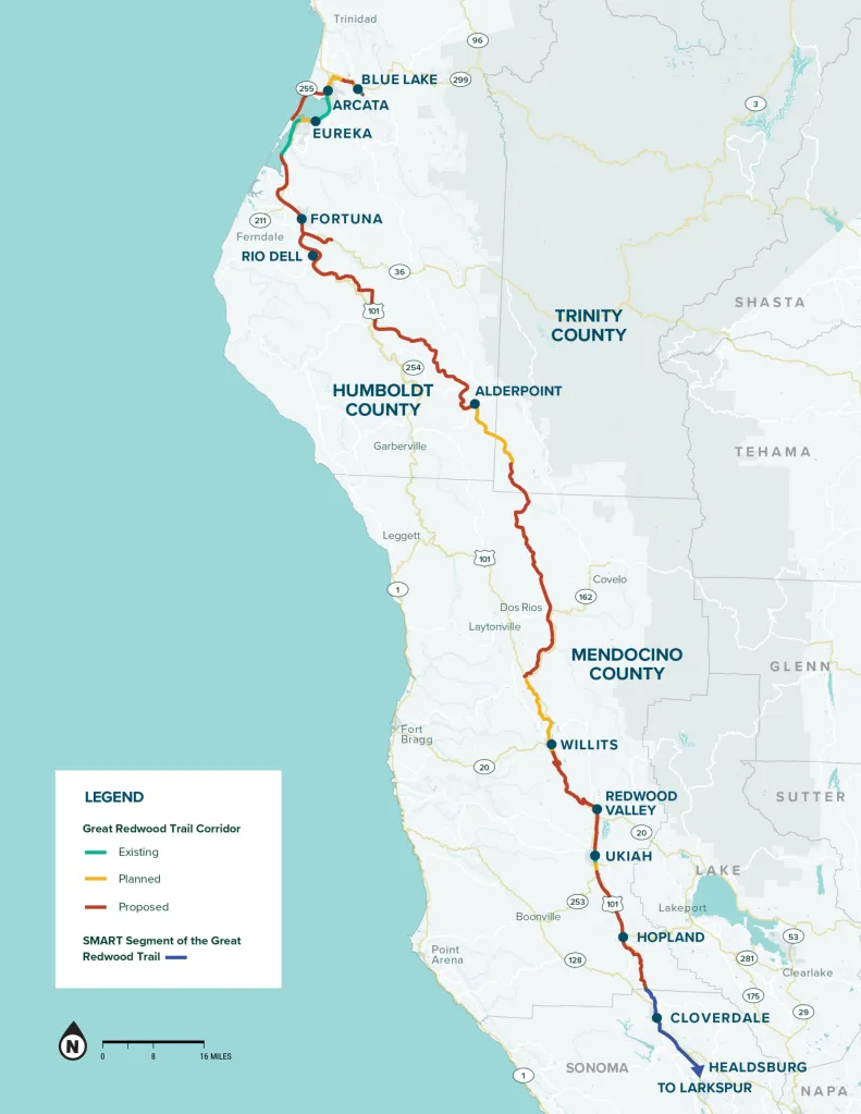 Map of the Great Redwood Trail route spanning from San Francisco to Humboldt Bay, indicating existing, planned, and proposed segments.