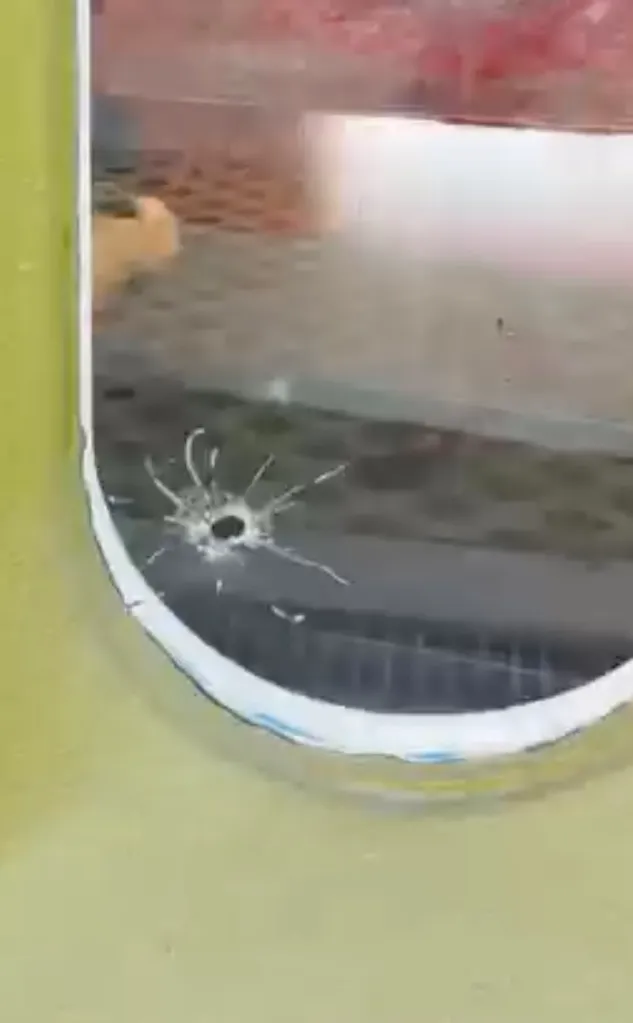 A bullet hole and cracks in a storefront window.