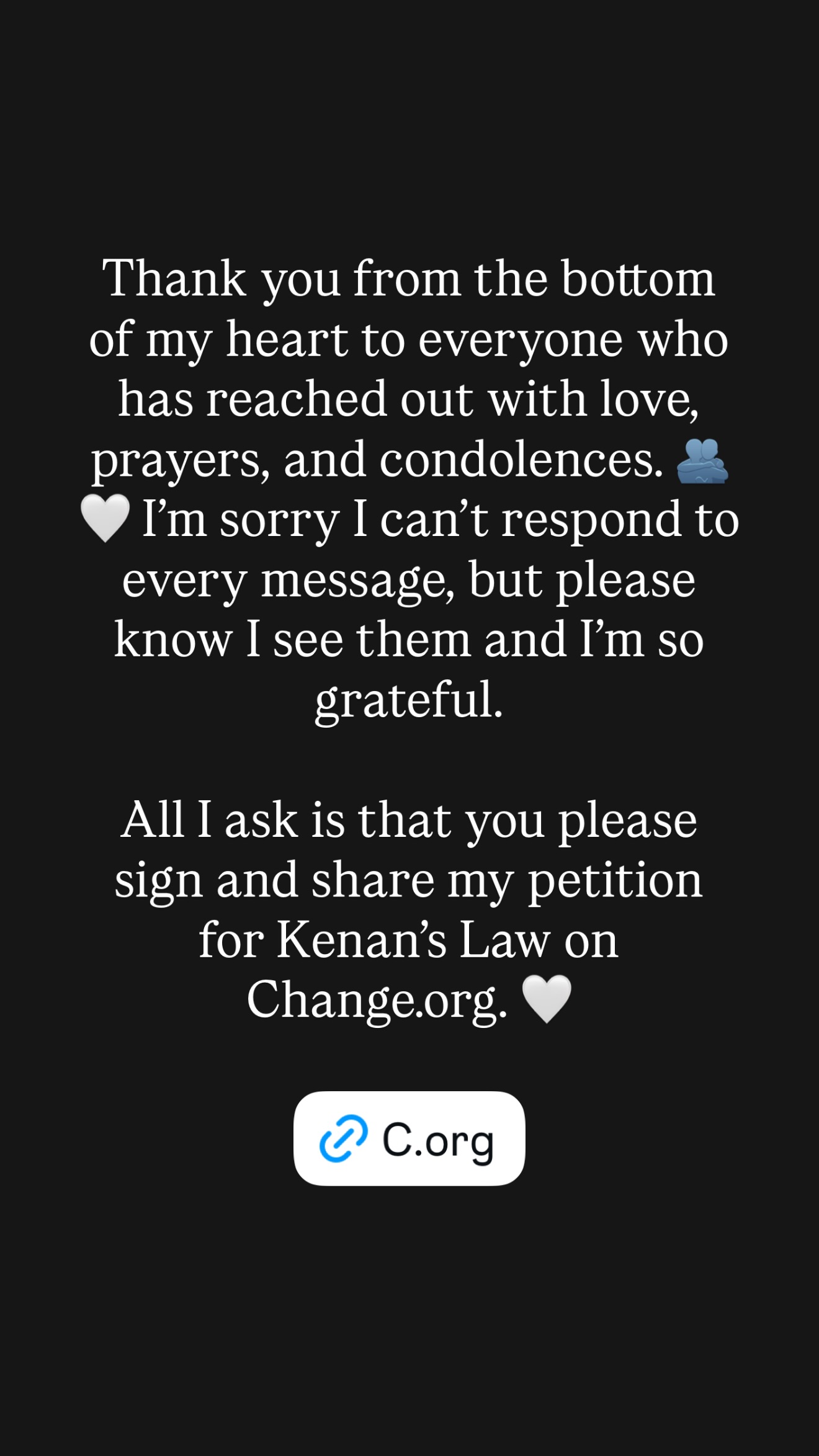 A screenshot of Gypsy Rose Blanchard's Instagram story thanking fans for support and asking them to sign a petition for Kenan's Law.