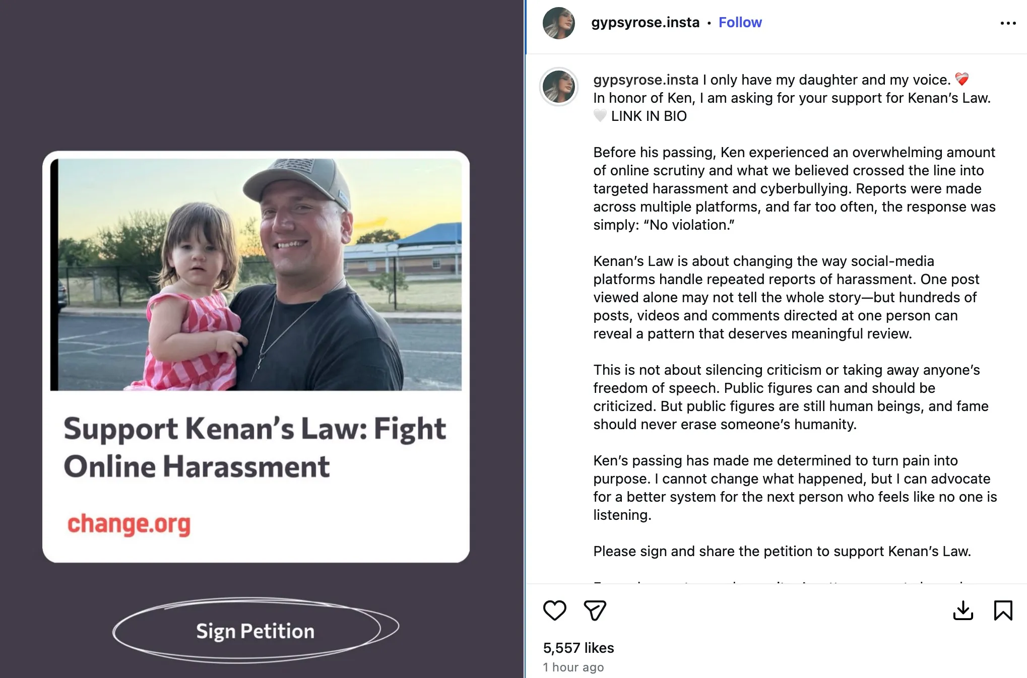 An Instagram post by Gypsy Rose Blanchard urging fans to sign an online harassment petition honoring Ken Urker.