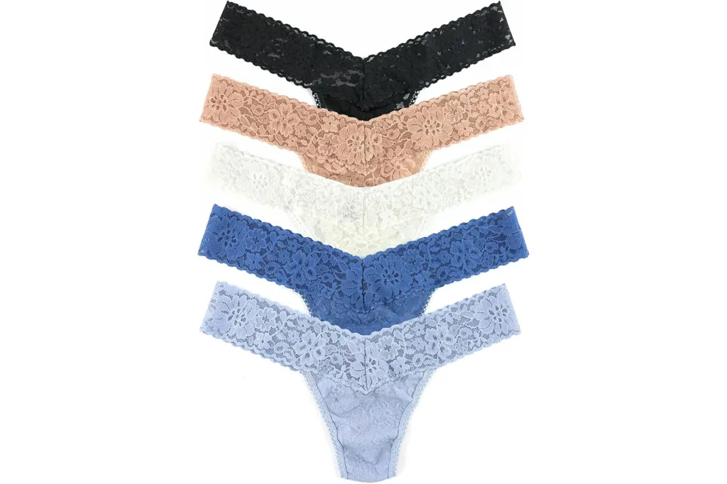 Five lace thong underwear in black, nude, white, royal blue, and light blue.
