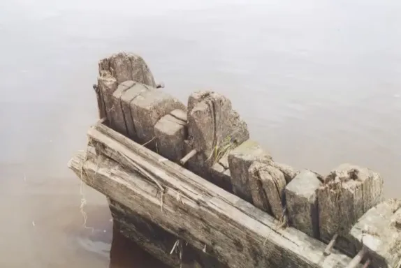 Remnants of the historic shipwreck of the A.H. Pitz, a steam-powered tugboat, exposed in the water.