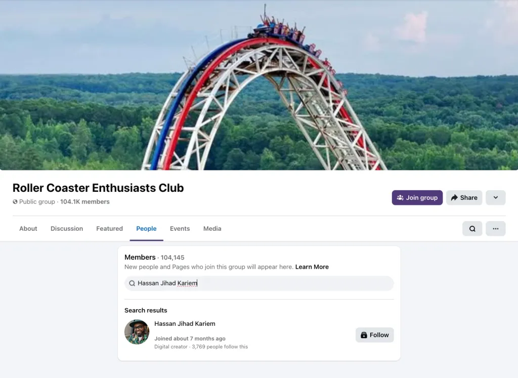 A screenshot of the Roller Coaster Enthusiasts Club group on Facebook, showing search results for member Hassan Jihad Kariem.